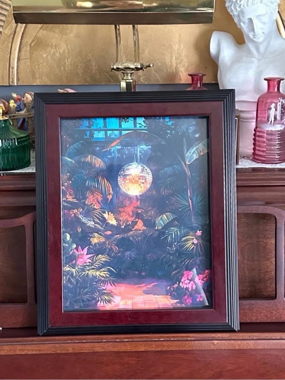 Tropical Jungle Disco Ball Greenhouse Plants Framed Canvas Print Boho Wall Art